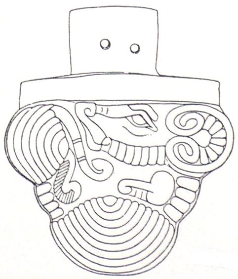 Ortband Akinakes (Fund nA)T31A4.jpg - Als Ortband wird die abnehmbare Spitze der Akinakesscheide bezeichnet. Wie hier war sie zumeist kunstvoll verziert.